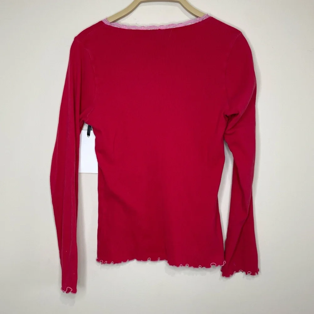 HUE Dreamy red wash Pink Lace Trim Ribbed baby tee Top long sleeve L - Picture 4 of 9
